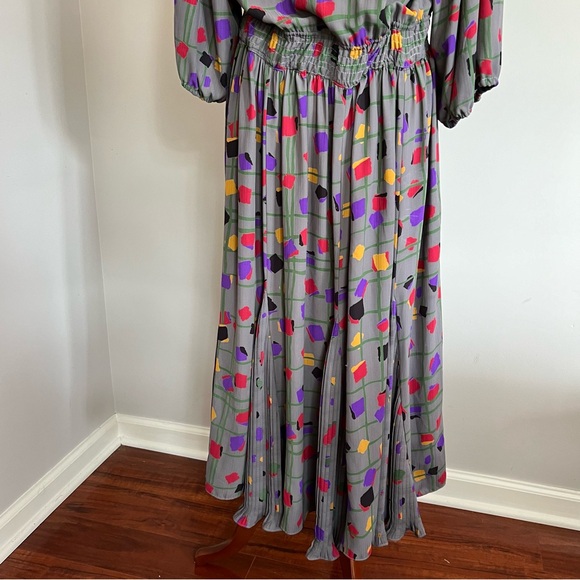 Vintage 80s Diane Freis Georgette Dress L XL Long Sleeves Gray Geometric Pattern - Picture 14 of 14